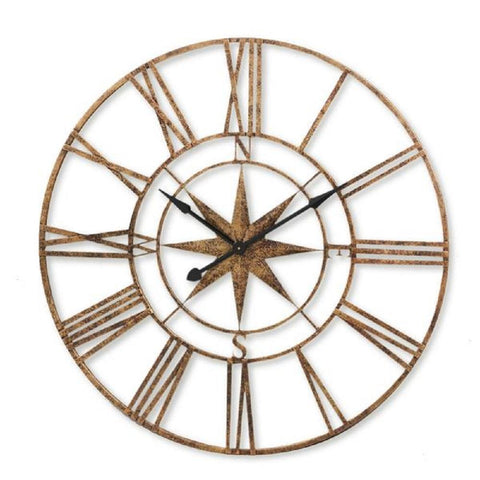 Large Skeleton Metal Antique Gold Wall Clock Compass Nautical Style 107cm