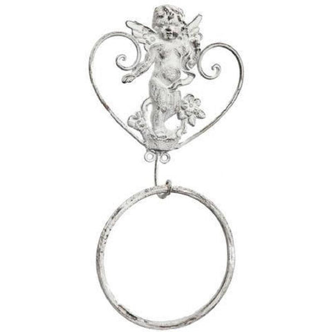 Shabby Chic Style White Iron Towel Ring Holder Cherub Angel Heart Bathroom