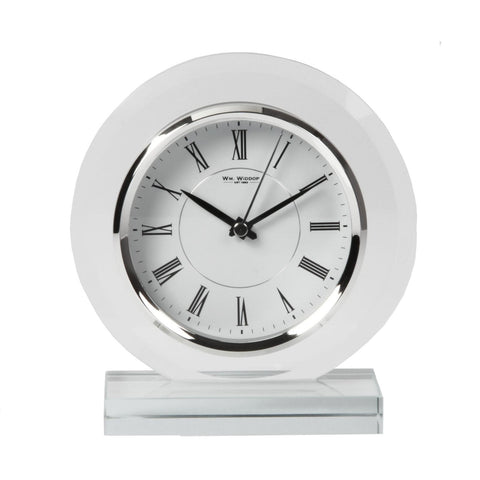 Glass Mantel Clock Round Contemporary Design Roman Numerals Silver Bezel 18cm