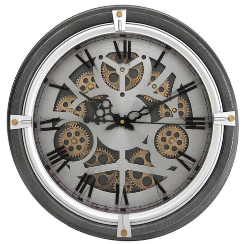 Moving Cog Gear Round Wall Clock Skeleton Movement Dark Grey Silver Gold 42.5cm