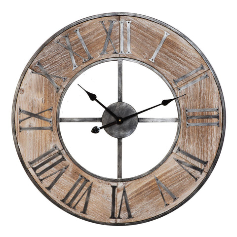 Large Rustic Industrial Style Wooden Wall Clock Round Brown Black 70cm