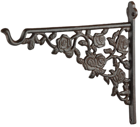 Rustic Outdoor Garden Cast Iron Hanging Basket Hook Bracket Rose Design Brown