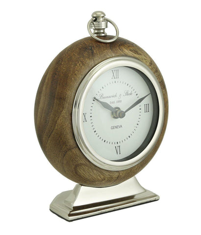 Contemporary Wooden Table Mantel Clock Silver Metal Pocket Watch Design 22cm