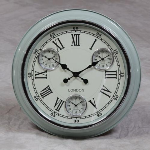 Retro Blue w White Face Multi Dial Wall Clock Time Zone Paris NY London Sydney