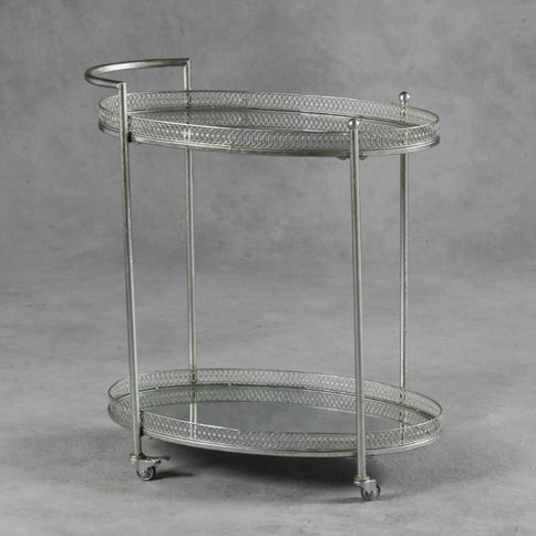 Antique Silver Serving Drinks Metal Hostess Trolley Bar Cart Glass Shelves