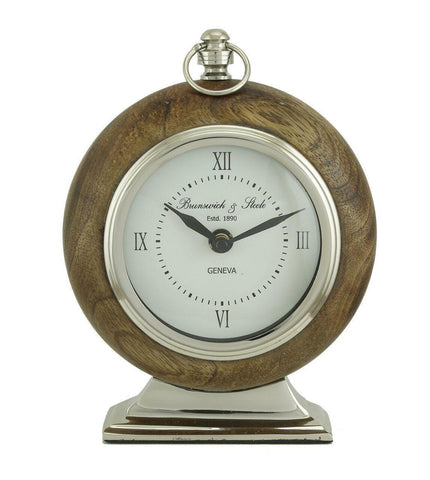 Contemporary Wooden Table Mantel Clock Silver Metal Pocket Watch Design 22cm