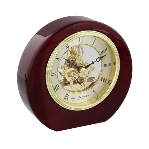 Round Wooden Piano Wood Open Mechanism Skeleton Mantel Table Clock 13cm Mahogany