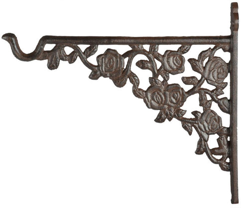 Rustic Outdoor Garden Cast Iron Hanging Basket Hook Bracket Rose Design Brown