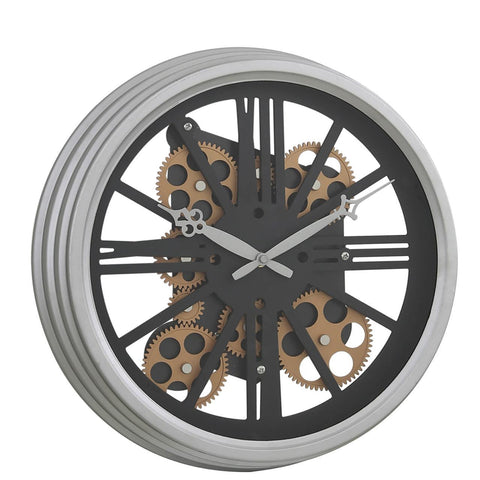 Metal Moving Cog Gear Round Wall Clock Skeleton Movement Silver Gold Black 39cm