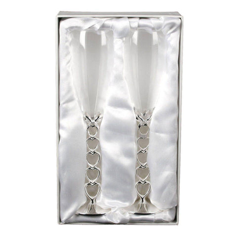 Pair of Wedding Anniversary Champagne Flutes Glasses Silverplated Heart Stems