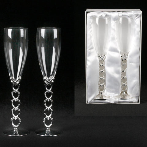 Pair of Wedding Anniversary Champagne Flutes Glasses Silverplated Heart Stems