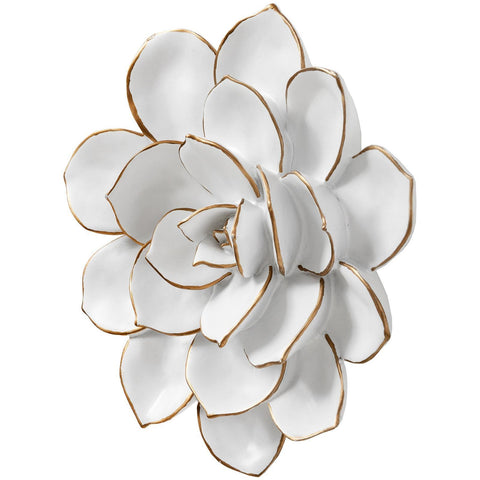 Contemporary White & Gold Decorative Flower Wall Art Sculpture Ornament 21cm