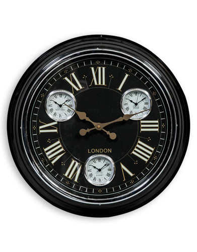 Retro Black Multi Dial Wall Clock Time Zone Paris NY London Sydney Round Metal