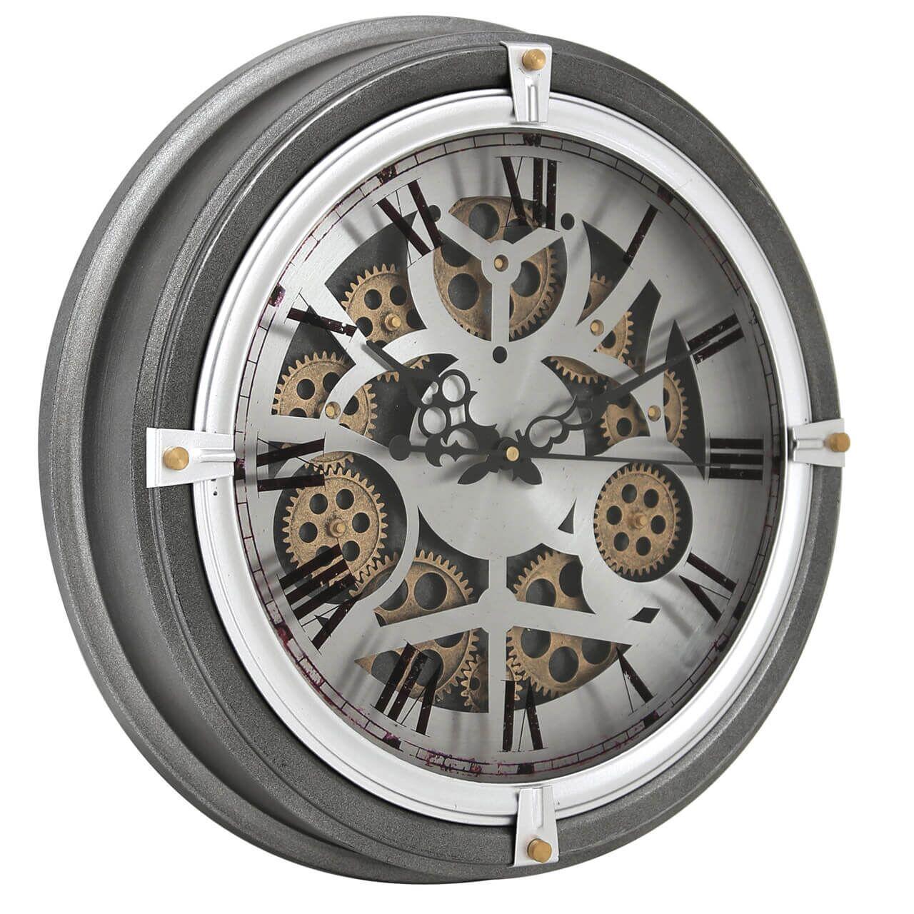 Moving Cog Gear Round Wall Clock Skeleton Movement Dark Grey Silver Go