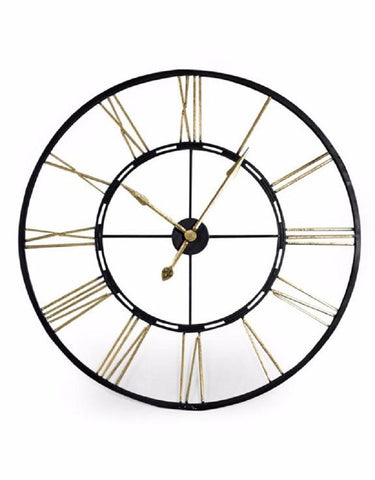 Iron Metal Skeleton Wall Clock Black Gold Roman Numerals 102cm