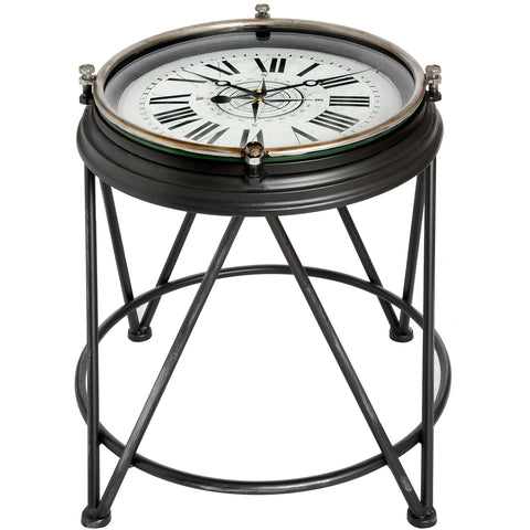 Round Metal and Glass Occasional Side Coffee Table With Clock 50 x 45 cm Black