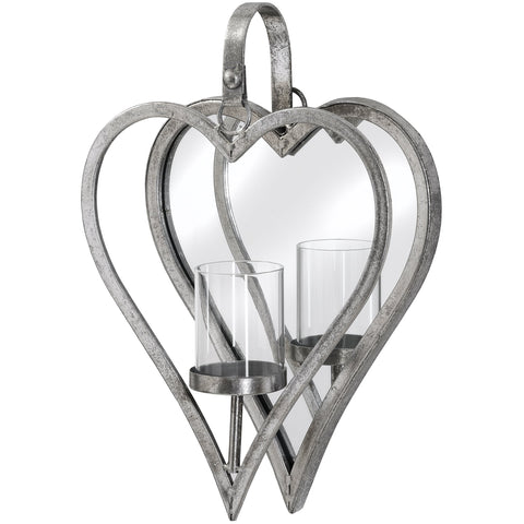 Wall Mounted Mirror Heart Candle Tealight Holder Silver Metal Sconce 34cm