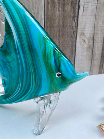 Hand Blown Art Glass Angel Fish Figurine Sculpture Blue Green 20cm