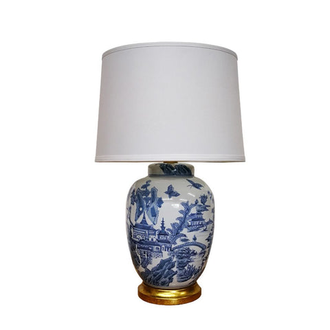 Oriental Chinese Ceramic Table Lamp Blue Pagoda Buddhist Landscape Light 61cm