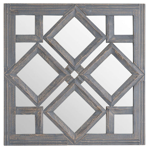 Diamond Geo Wooden Wall Art Mirror Grey Geometric Wood Glass Art Decor 60cm Gray