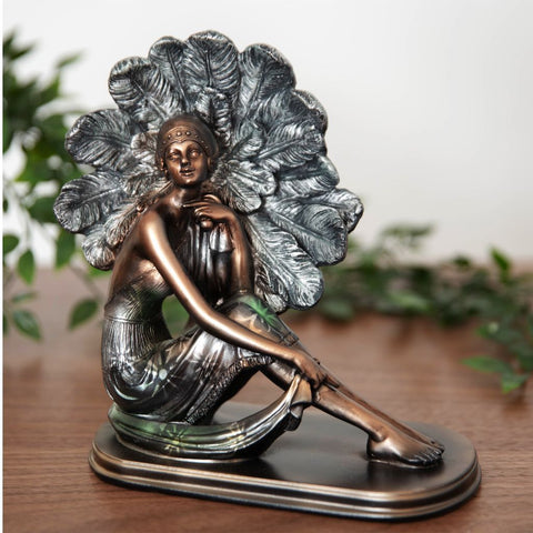 Art Deco Lady Woman Figurine Ornament Statue Bronze Silver Feather Hat 21cm