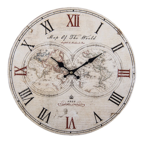 World Map Round Wall Clock Vintage Style Atlas Roman Numerals Wood Cream 34cm