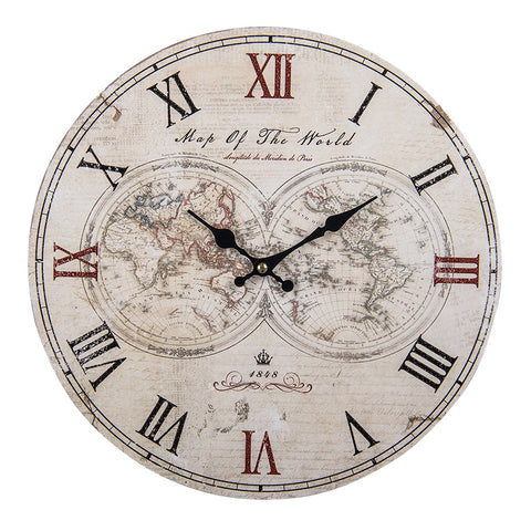 World Map Round Wall Clock Vintage Style Atlas Roman Numerals Wood Cream 34cm