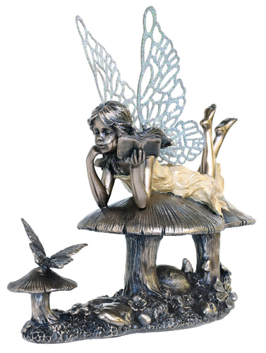 Fairy Figurine Toadstool Ornament Bronze Effect Statue Angel Wings Home Decor