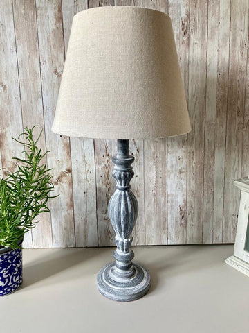 Grey Wooden Table Lamp White Washed Bedside Light Oatmeal Beige Linen Shade 40cm