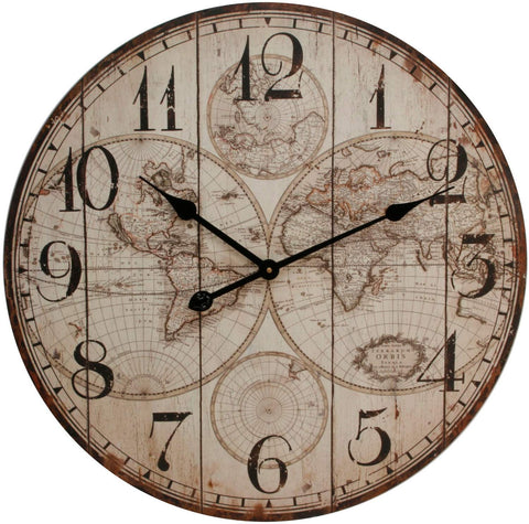 Large Round Wall Clock Wooden Panel Vintage World Map Pattern 60cm Arabic Dial