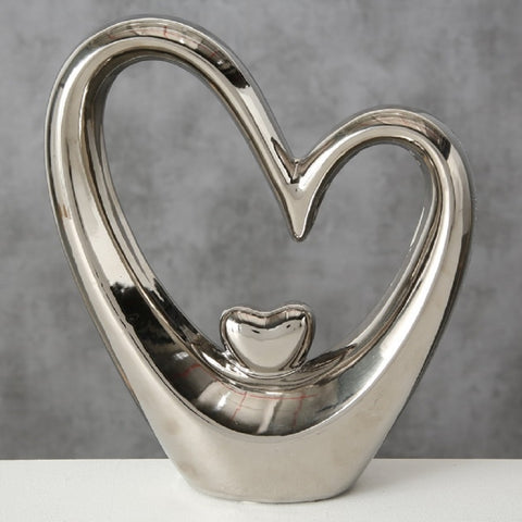 Silver Double Heart Ornament Ceramic Stoneware Wedding Gift Table Sculpture 21cm