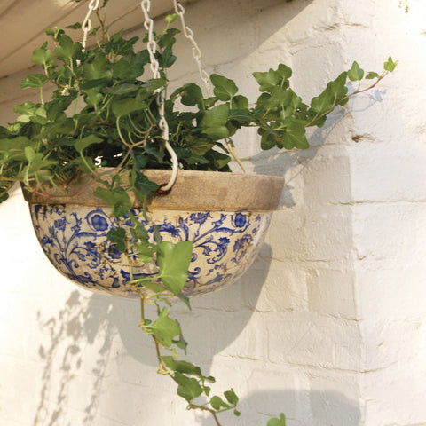 Antiqued Blue & White Ceramic Garden Hanging Planter Pot Plant Flower Herb