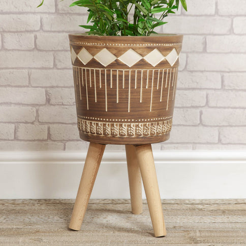 African Style Brown Planter Pot on Wooden Tripod Legs Stand Garden or Home 54cm