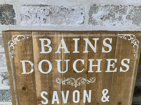 Wooden Bathroom Wall Sign Plaque French Bains Douches Rustic Plank Style Brown