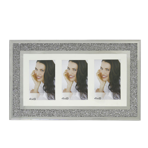 3 Photo Glass Sparkly Silver Diamond Crush Wall Multi Picture Frame 4" x 6"
