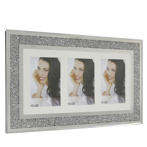 3 Photo Glass Sparkly Silver Diamond Crush Wall Multi Picture Frame 4" x 6"
