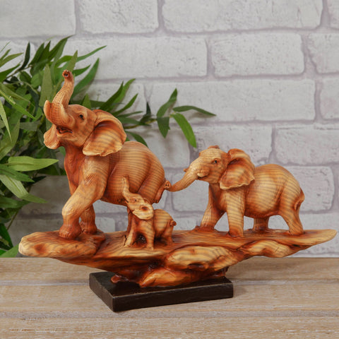 African Elephant Family Faux Carved Wood Effect Figurine Statue Ornament