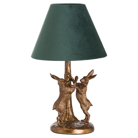 Boxing Marching Hares Table Bedside Lamp Green Velvet Shade 48cm 40 watt