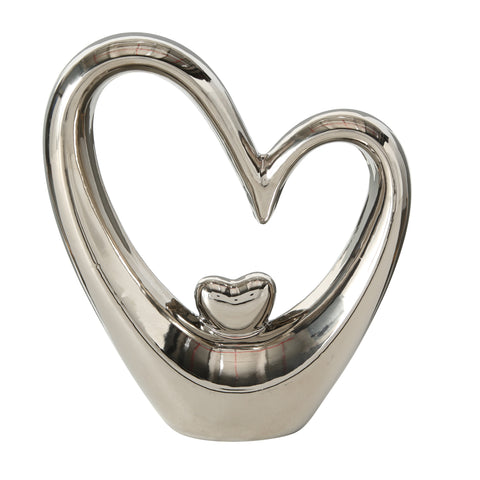 Silver Double Heart Ornament Ceramic Stoneware Wedding Gift Table Sculpture 21cm