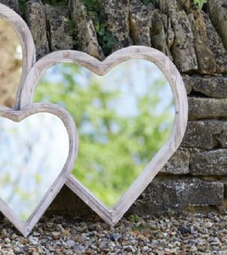 Outdoor Garden Mirror Wooden Frame Love Heart Wall Mount Rustic Decorative 52cm