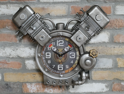  Industrial Engine Wall Clock Steampunk Silver Metal Den Man Cave Distressed