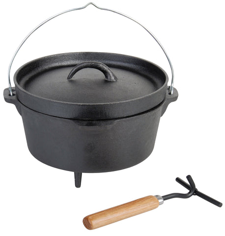 Dutch Oven Cast Iron Camping Bushcraft Fire Cooking Pot and Lid Hook 10"