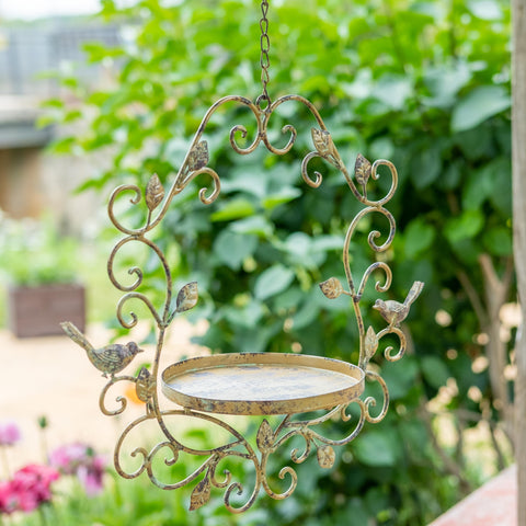 Hanging Bird Feeder Tray Ornate Antique Gold Garden Nut Seed Bowl Distressed