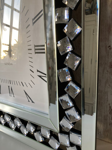 Square Glass Wall Clock Mirrored Mosiac Roman Numerals White Face Modern 50cm