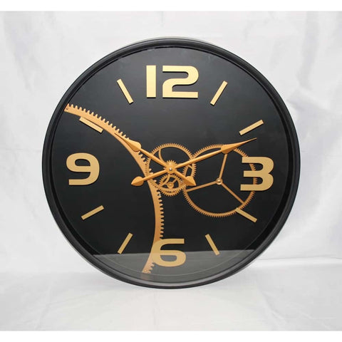 Contemporary Round Black and Gold Metal Glass Wall Clock Moving Cogs 60cm