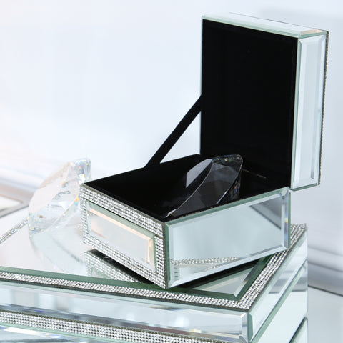 Square Mirror Glass Silver Sparkle Crystal Jewel Jewellery Trinket Box Gift 