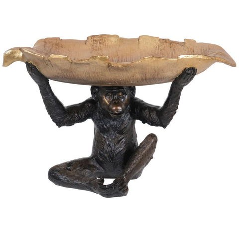 Brown Monkey Figurine Ornament Chimp Ape Statue holding Gold Leaf Bowl Dish 39cm