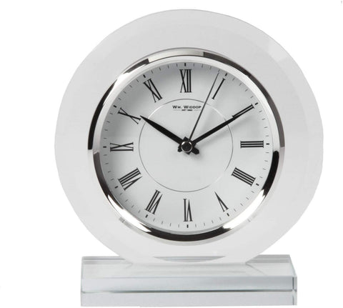 Glass Quartz Round Modern Mantel Clock Flat Base Roman Numerals Silver Bezel 18cm