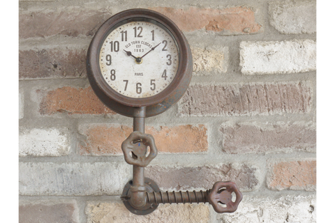 Industrial Pipe Wall Clock Vintage Look Steampunk Metal Brown Rustic Retro Decor