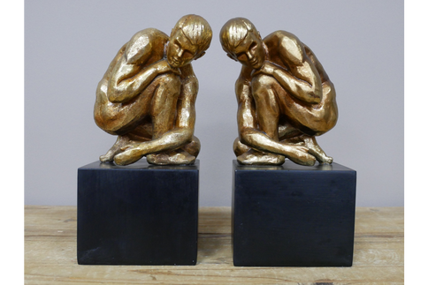 Pair Gold Bookends Thinking Crouching Naked Man Book Holders Ornament Figurine